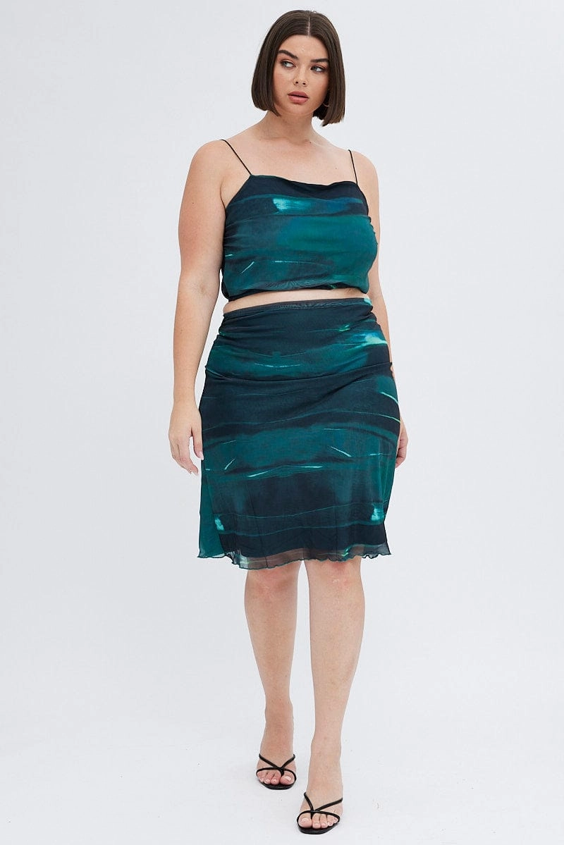 Performance Fashion Season To Season Green Abstract Midi Skirt Bodycon Elastic Waist Mesh