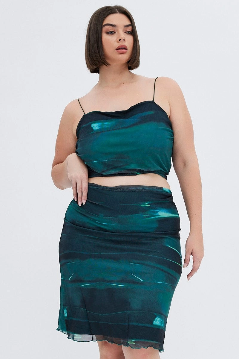 Everyday Look Green Abstract Midi Skirt Bodycon Elastic Waist Mesh