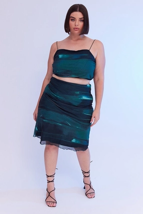 Green Abstract Midi Skirt Bodycon Elastic Waist Mesh Lined interior Outfit Moodboard