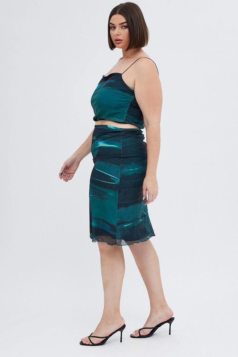 Twist Knot Details Polished Touch Green Abstract Midi Skirt Bodycon Elastic Waist Mesh