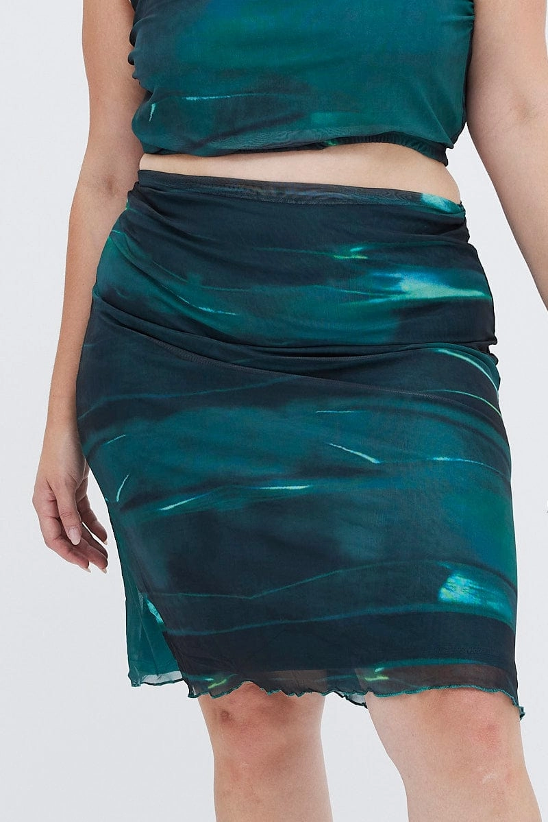 Day To Night Red Carpet Look Green Abstract Midi Skirt Bodycon Elastic Waist Mesh