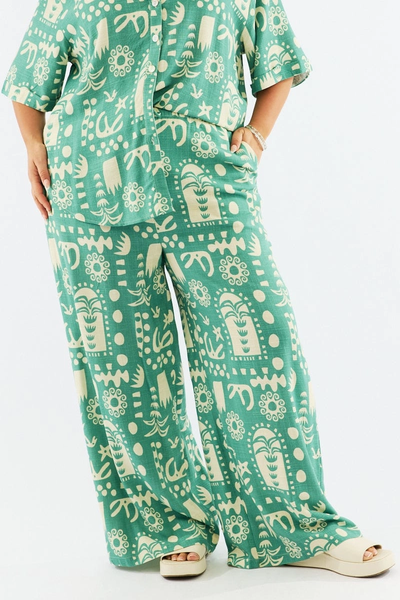 Green Abstract Wide Leg Linen Blend Drawstring Pants Comfy Movement