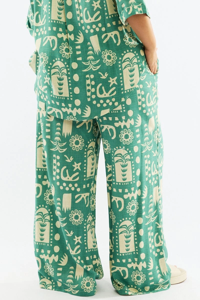SeamlessPocketDesign Green Abstract Wide Leg Linen Blend Drawstring Pants
