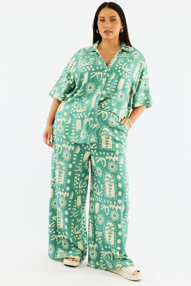 Flexible Material Green Abstract Wide Leg Linen Blend Drawstring Pants