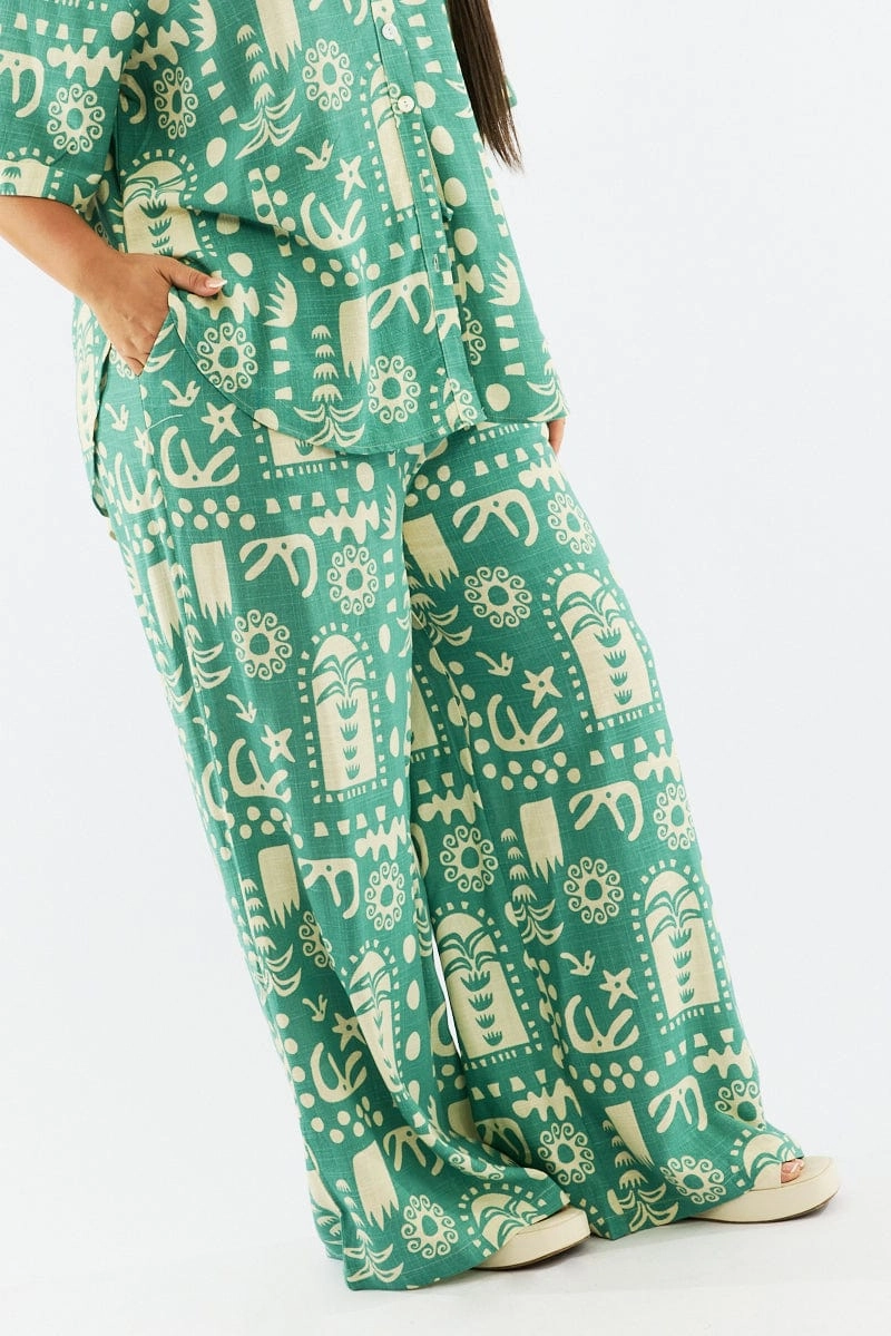Machine washable Back pockets Green Abstract Wide Leg Linen Blend Drawstring Pants