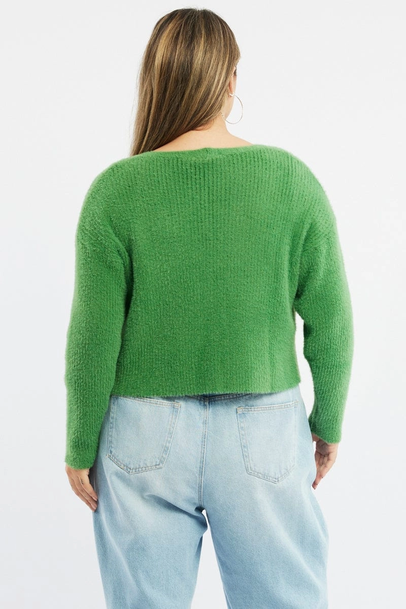 Green Cardigan Long Sleeve Fluffy Semi Crop Knit Noise Reduced Fasteners Versatile Fit Layer