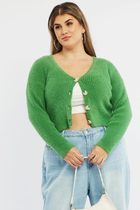 Green Cardigan Long Sleeve Fluffy Semi Crop Knit Reflective Zippers Bonded Collars
