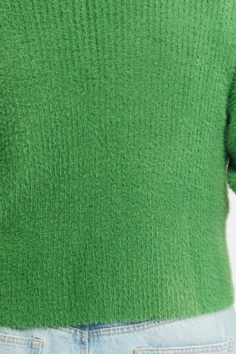 Green Cardigan Long Sleeve Fluffy Semi Crop Knit Stylish Comfort