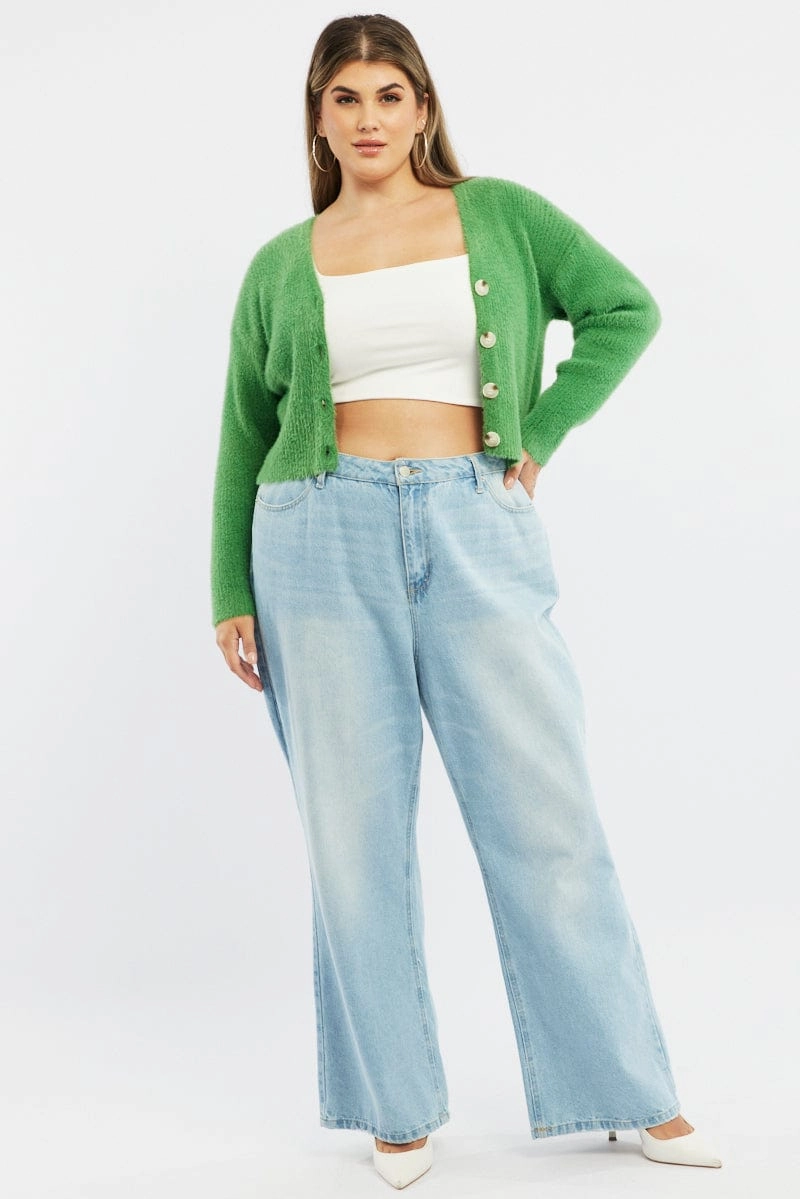Fashion Trend Fleece Lined Green Cardigan Long Sleeve Fluffy Semi Crop Knit