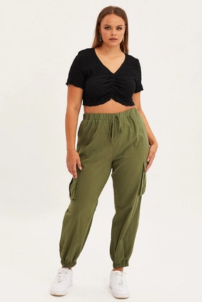 Daily Comfort Fit Performance Stretch Green Cargo Pants Elastic Waist Cotton Flap Pocket