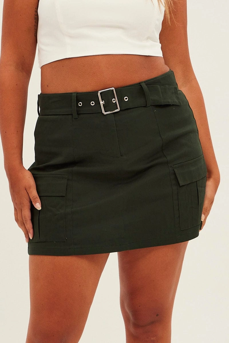 Functional Fashion Green Cargo Skirt Belted Mini Cotton