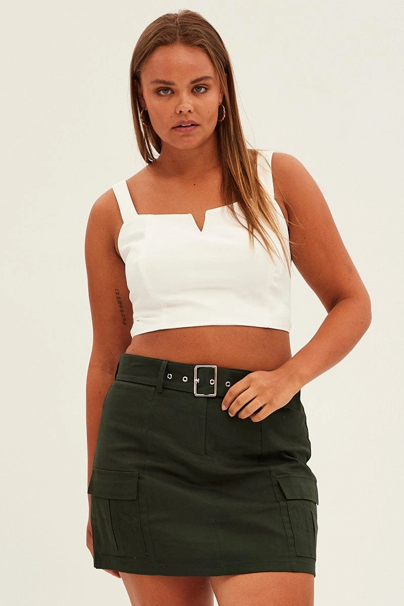 Green Cargo Skirt Belted Mini Cotton High low hem