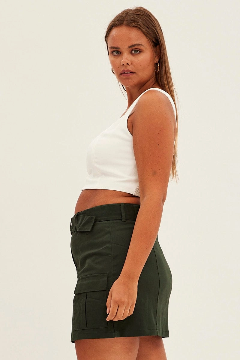 Curvy Fit Green Cargo Skirt Belted Mini Cotton