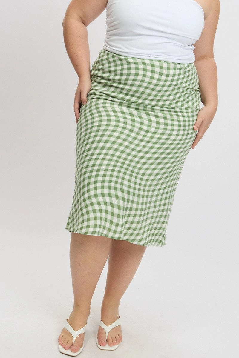 Feminine Charm Green Check Elastic Waist Bias Maxiskirt