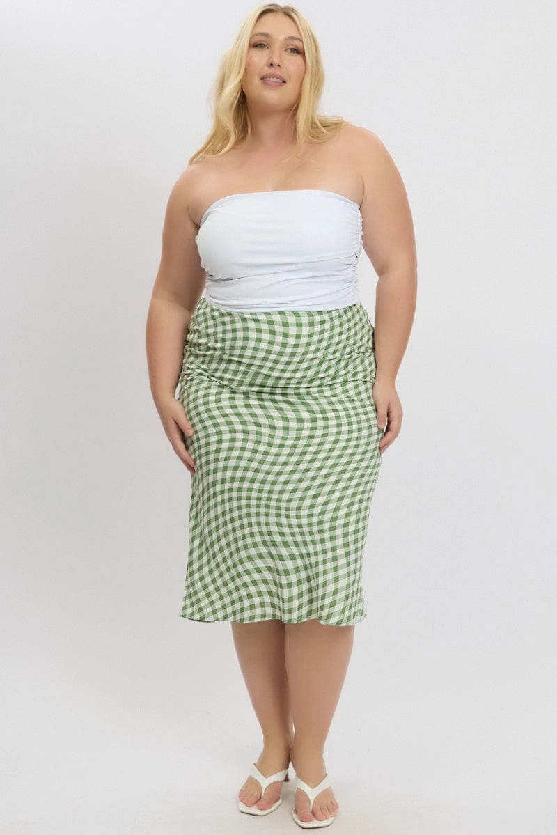 Green Check Elastic Waist Bias Maxiskirt Tiered Layers Natural Look