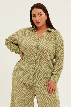 Beach Attire Functional Design Green Check Relaxed Shirt Long Sleeve Plisse
