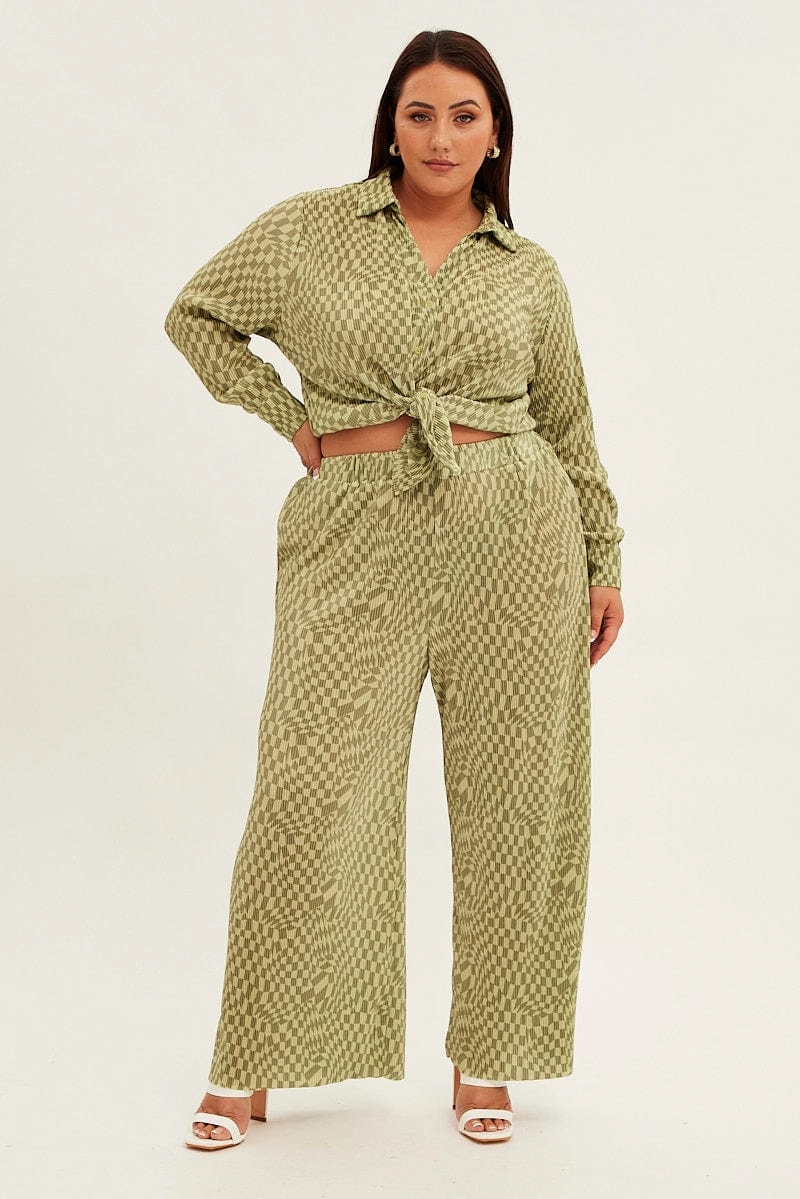 Green Check Relaxed Shirt Long Sleeve Plisse Cooling Mesh Lining