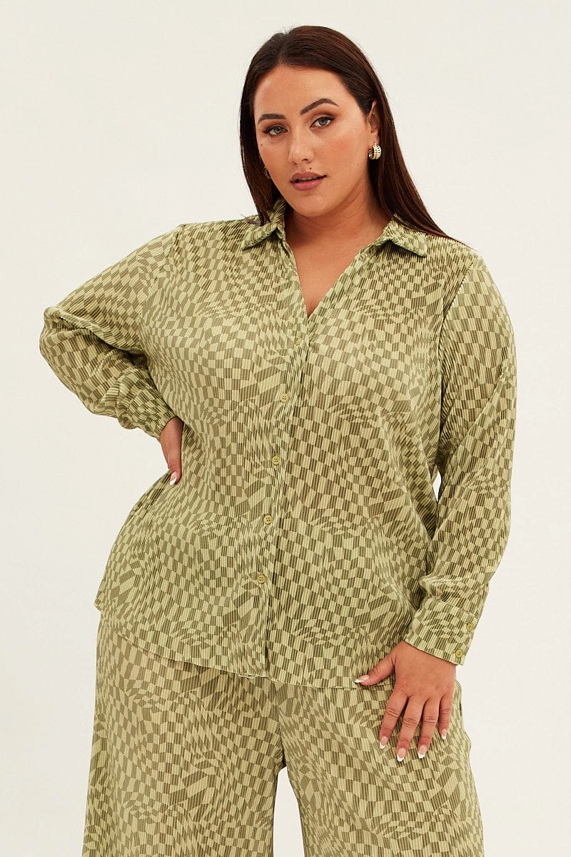 Beach Attire Functional Design Green Check Relaxed Shirt Long Sleeve Plisse