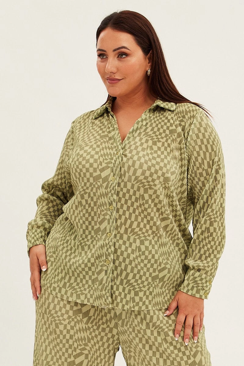 Durable Texture Green Check Relaxed Shirt Long Sleeve Plisse