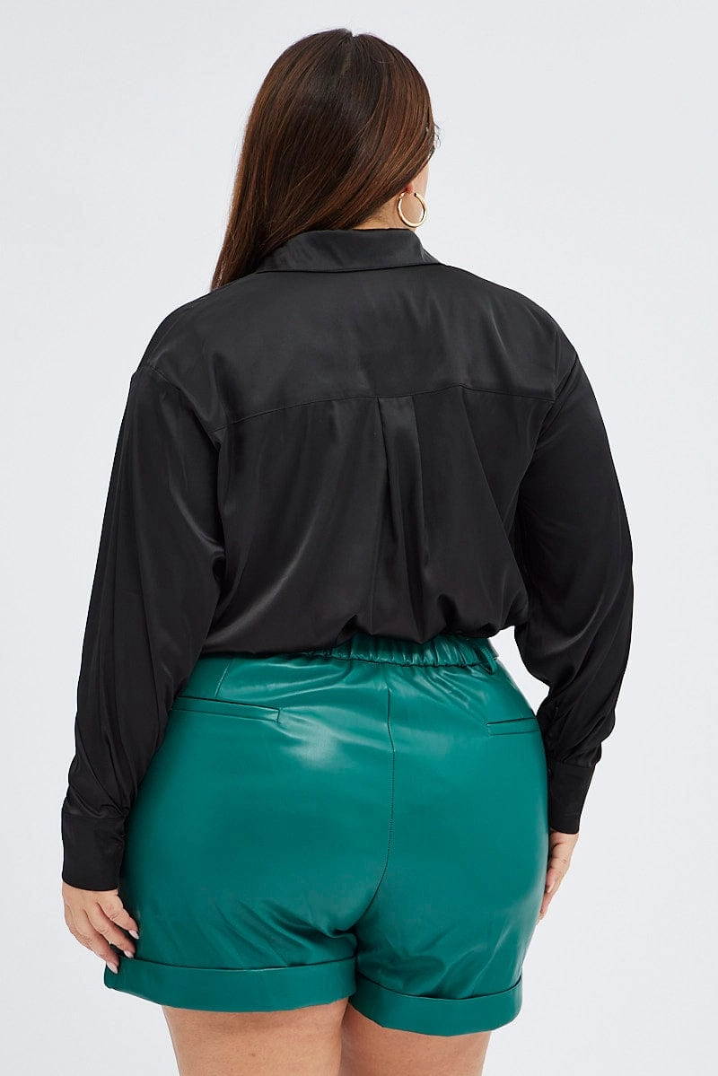 Bohemian style All Day Wear Fit Green Cuffed Shorts Faux Leather Elastic Back