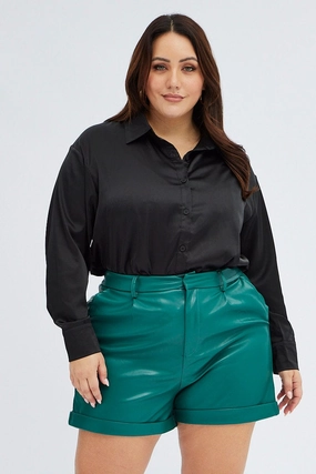 Green Cuffed Shorts Faux Leather Elastic Back Wrinkle Resistant Material