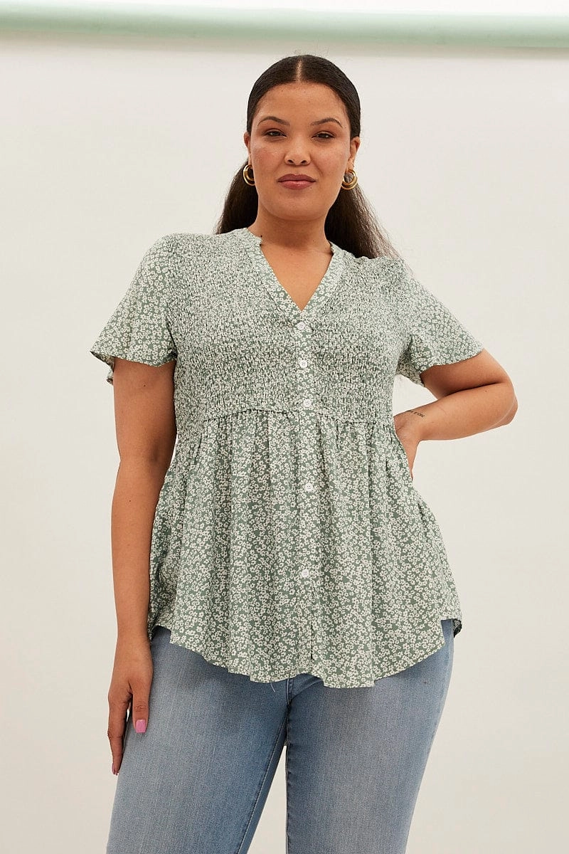 Green Ditsy Shirred Shirts Short Sleeve V-neck Stylish Appearance