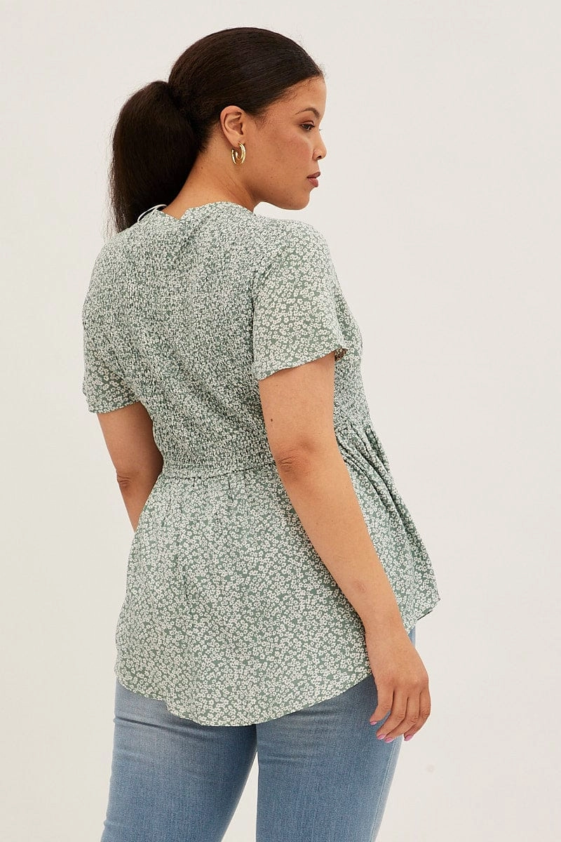 Green Ditsy Shirred Shirts Short Sleeve V-neck Matte Finish