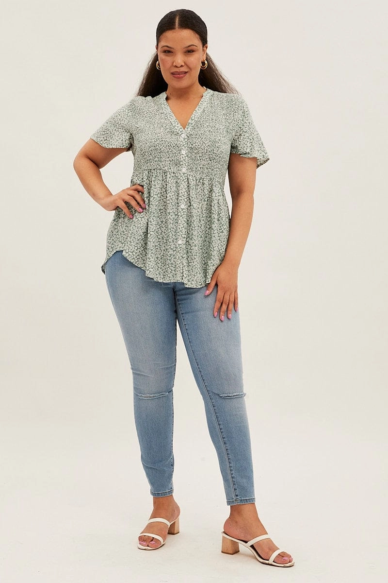 Green Ditsy Shirred Shirts Short Sleeve V-neck Tagless label