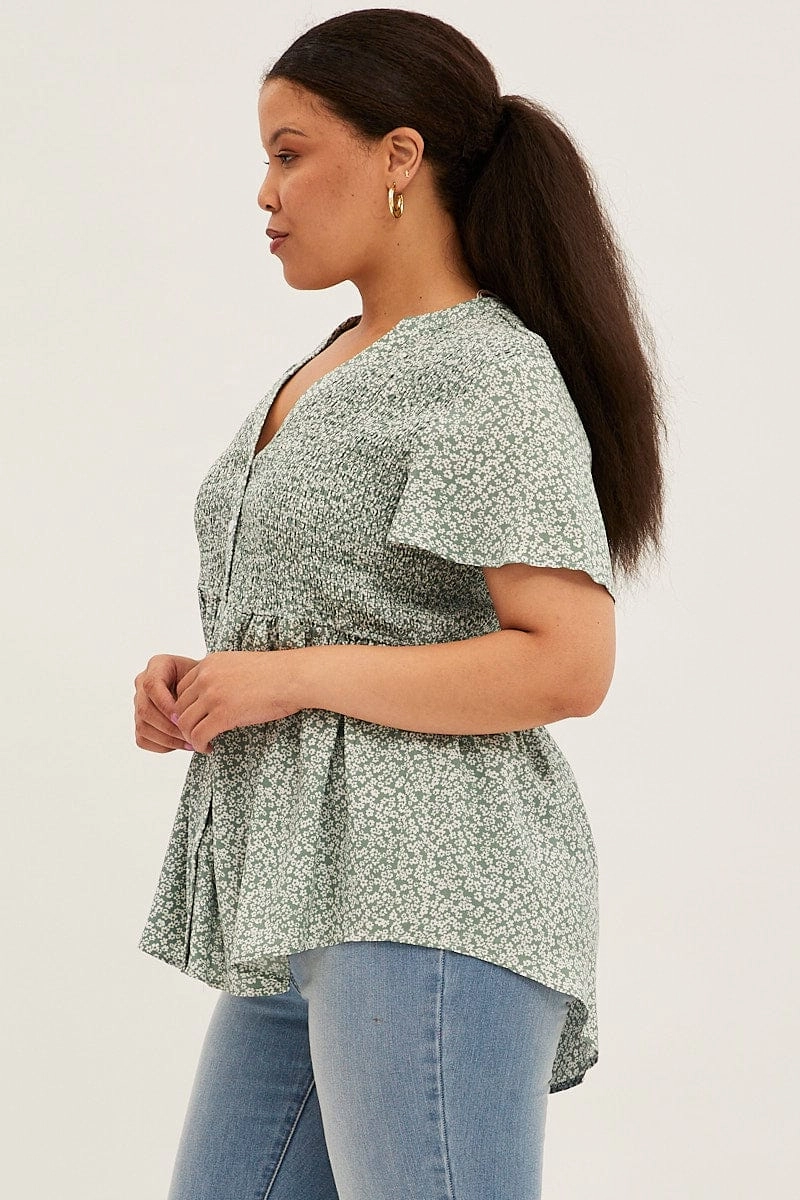 Green Ditsy Shirred Shirts Short Sleeve V-neck Brunch Outfit