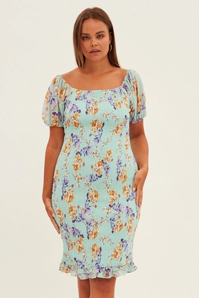 spring outfit Green Floral Bodycon Dress Short Sleeve Off Shoulder Shirred