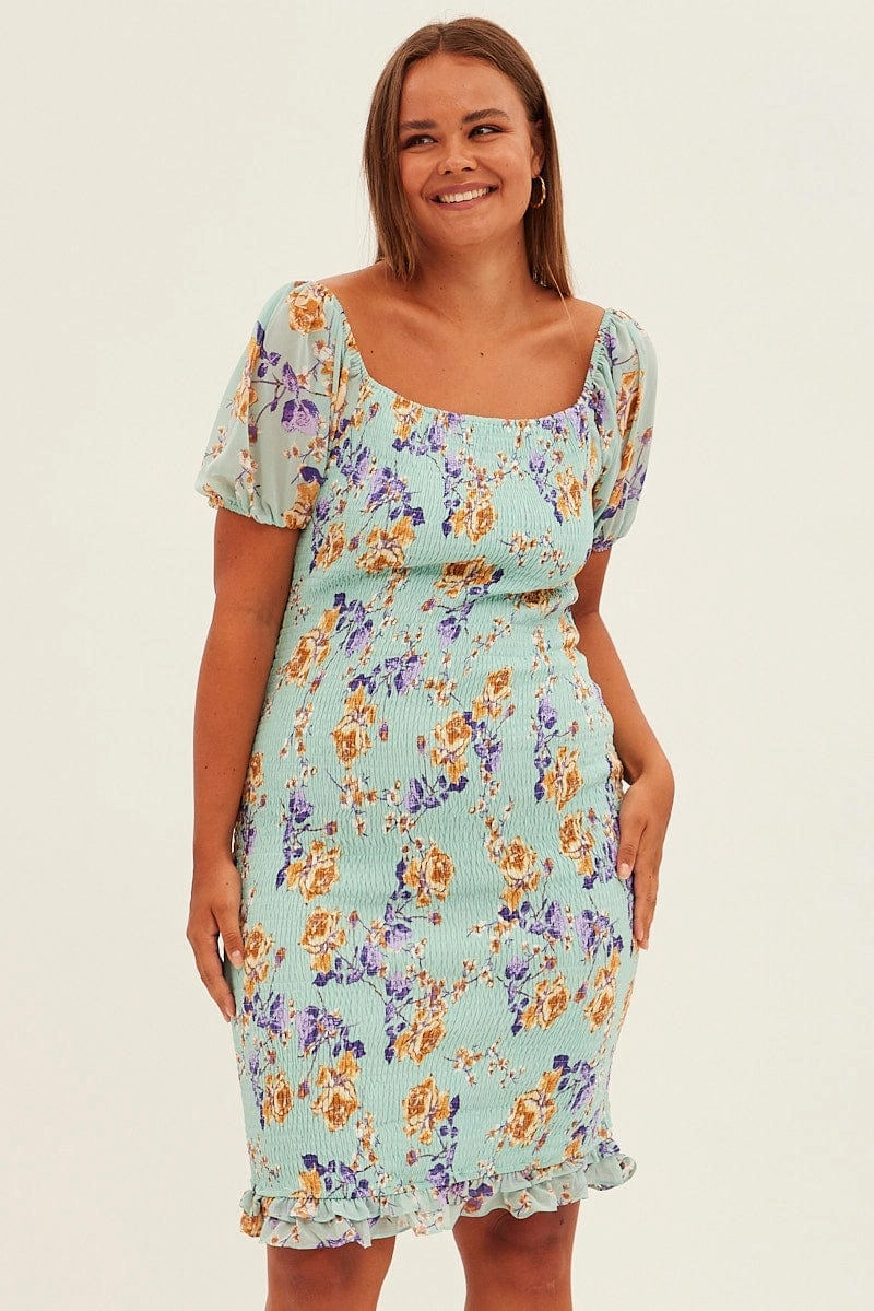 Green Floral Bodycon Dress Short Sleeve Off Shoulder Shirred Walk Mood