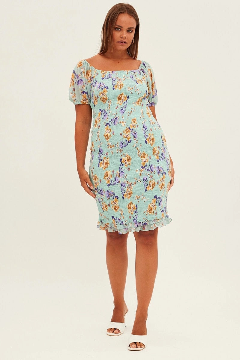 Green Floral Bodycon Dress Short Sleeve Off Shoulder Shirred Statement-Buttons