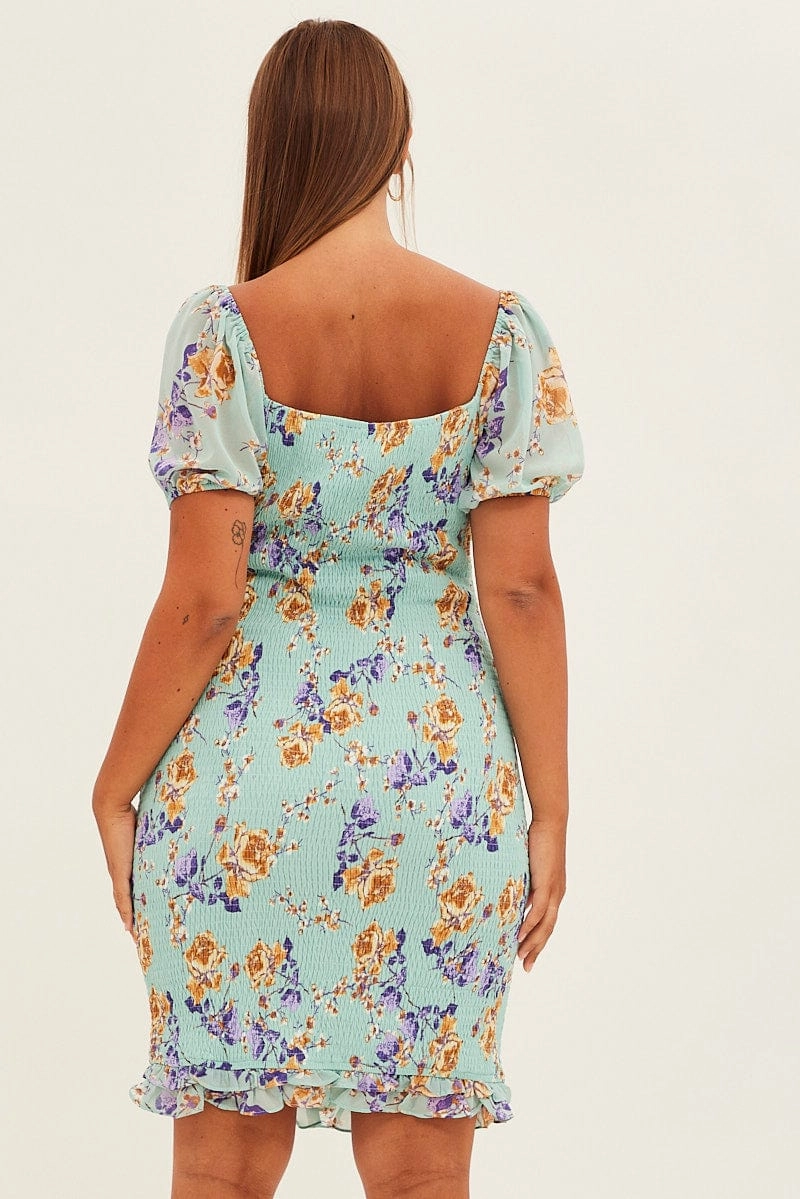Green Floral Bodycon Dress Short Sleeve Off Shoulder Shirred Simple Texture Soft Shape