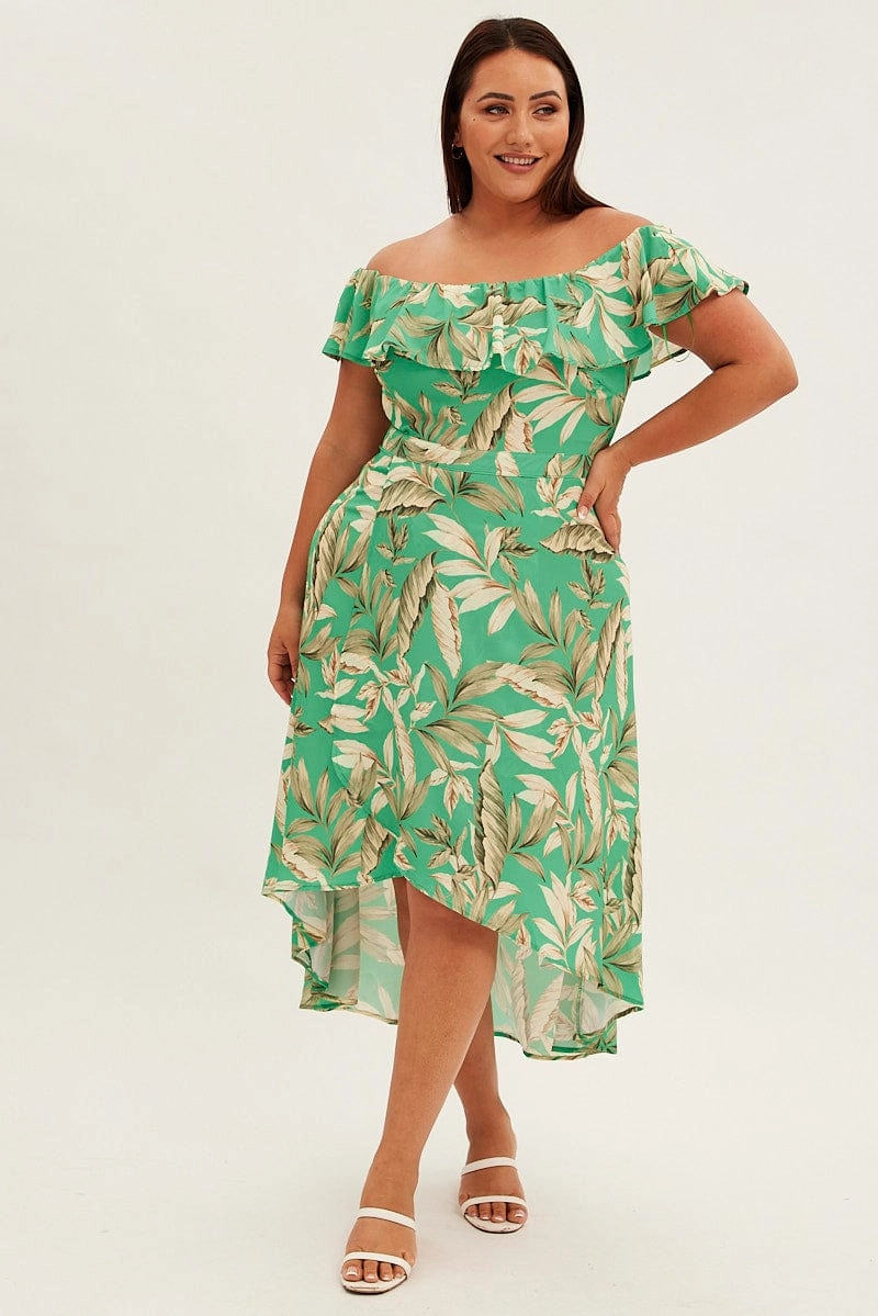 Green Floral Maxi Dress Off Shoulder Crepe Studio Style