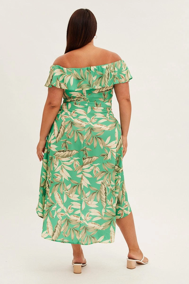 Timeless Cut Casual Comfort Green Floral Maxi Dress Off Shoulder Crepe