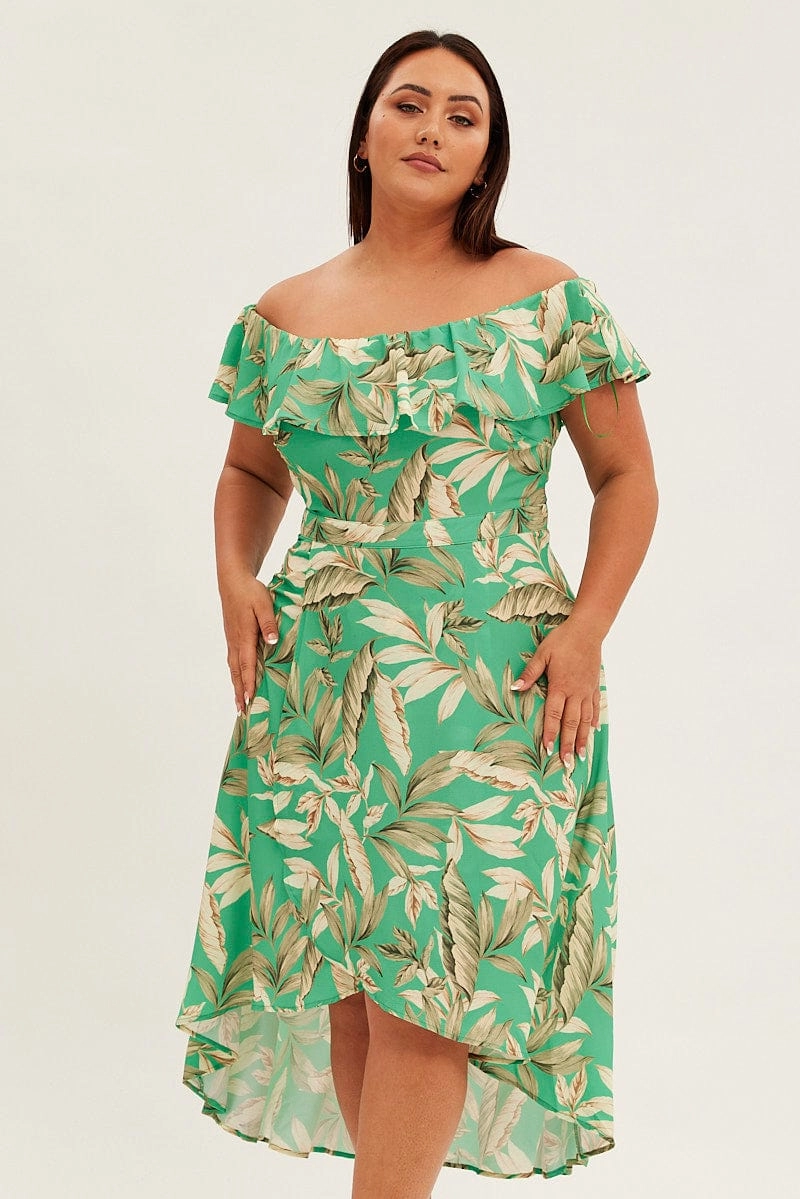 Green Floral Maxi Dress Off Shoulder Crepe Charming Fit
