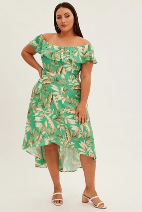 Green Floral Maxi Dress Off Shoulder Crepe Button-front