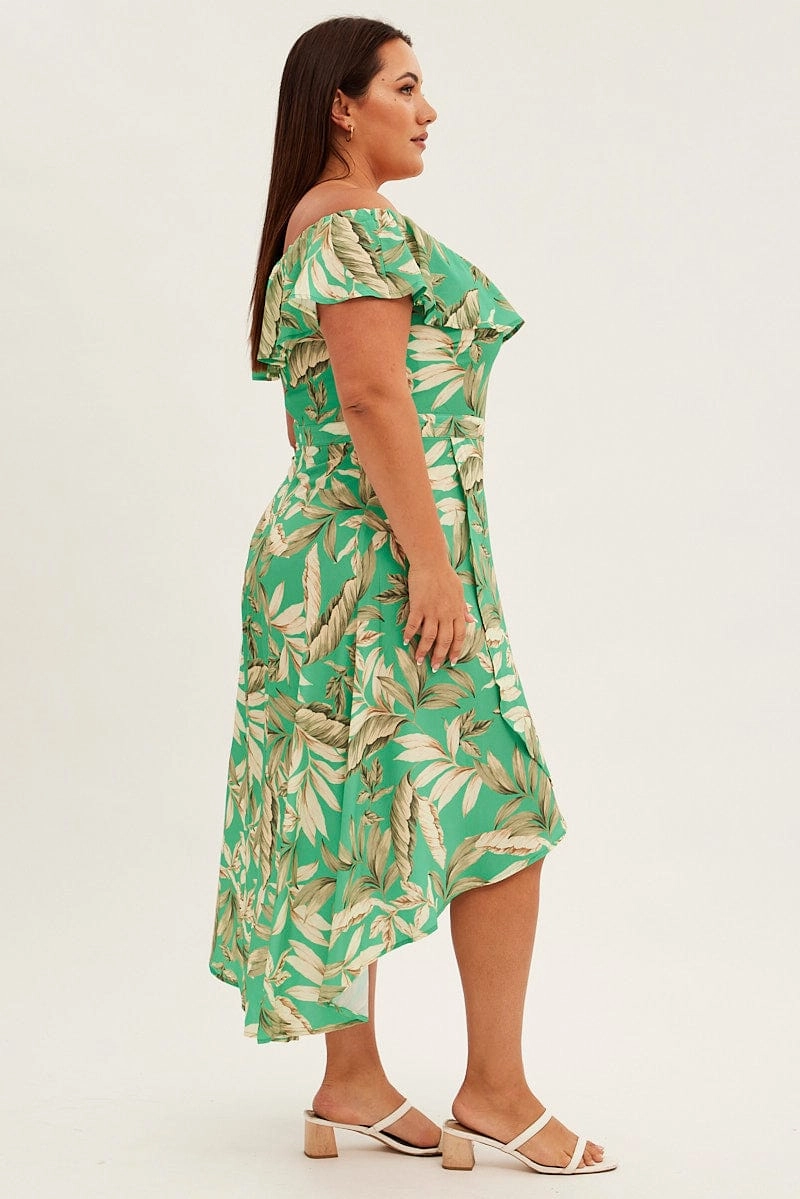 Kind Glow Green Floral Maxi Dress Off Shoulder Crepe