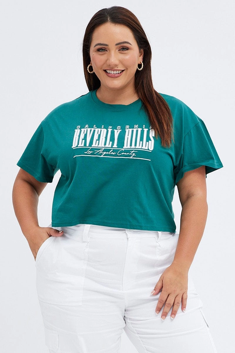 Stylish Green Graphic T-shirt Beverly Hills Puff And Embroidered