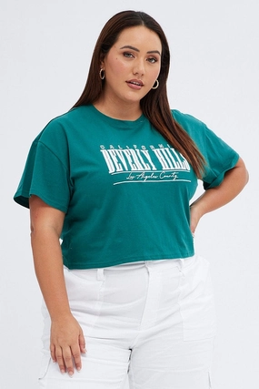 Green Graphic T-shirt Beverly Hills Puff And Embroidered Roomy Design Zero Waste Production