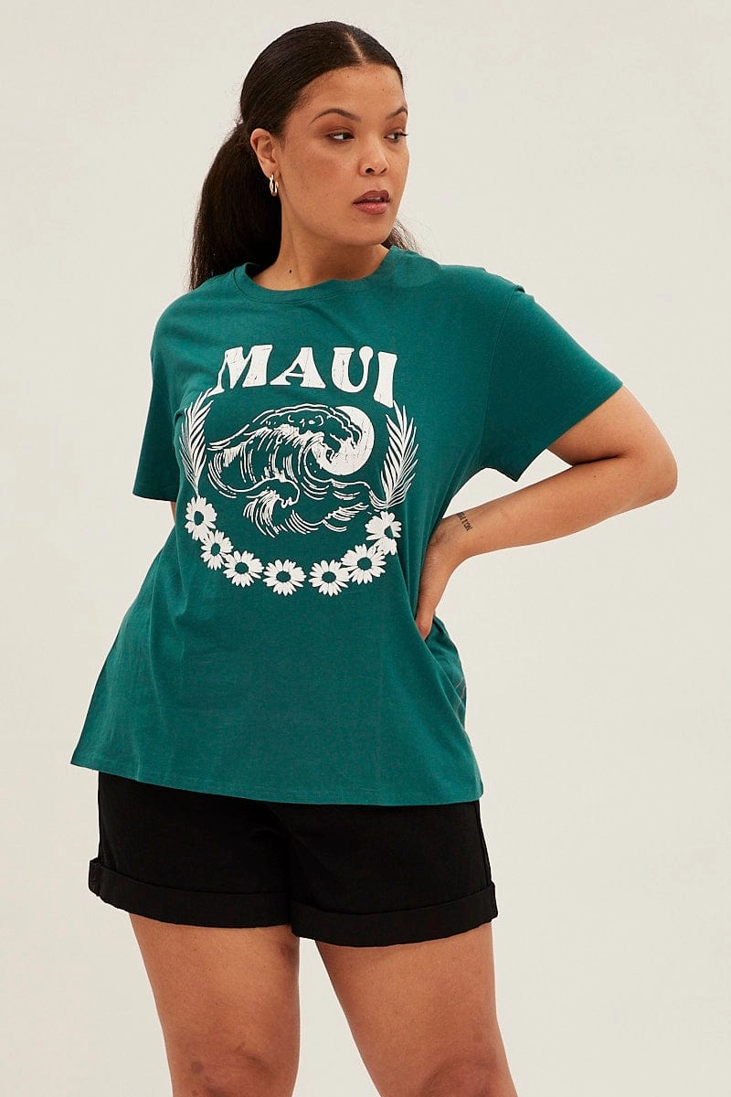 Green Graphic T-shirt Maui Cotton Stretch Fabric Technology Cozy Look Wear