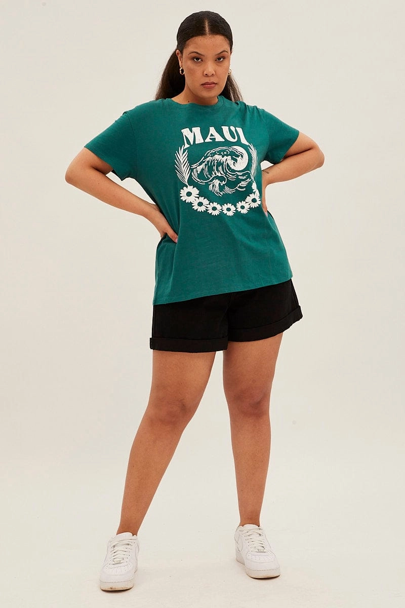 Seam Free Shoulders Green Graphic T-shirt Maui Cotton