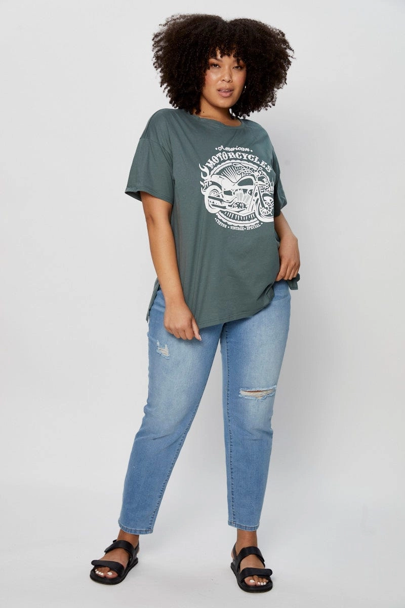 Green Graphic T-shirt Moto Short Sleeve Cotton Soft and Light Wear Minimalistic Wear