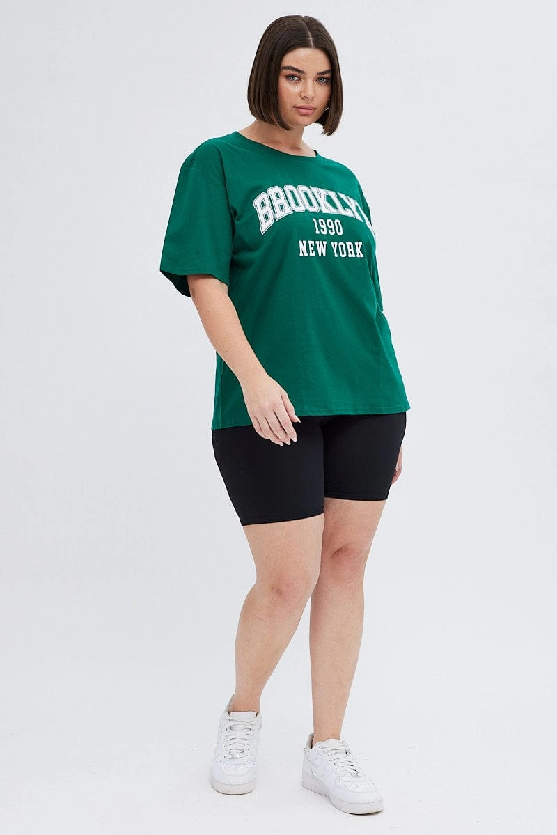 Smooth Neckline Bold Style Green Graphic T-shirt Short Sleeve Crew Neck