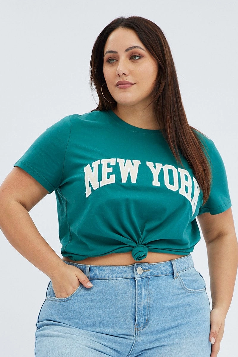 Green Graphic T-shirt Short Sleeve Crew Neck Street Trendy