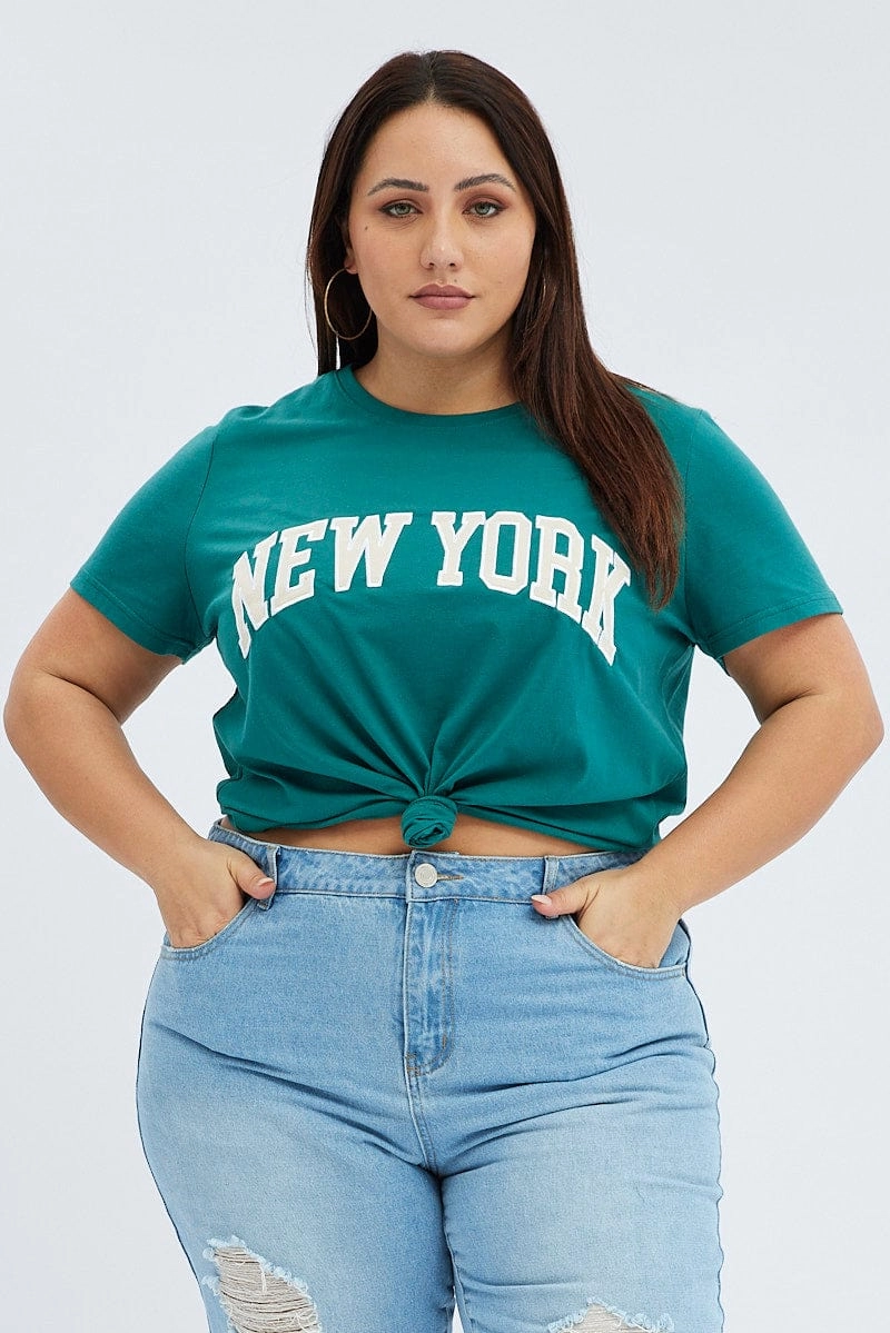 MicroPiqueKnit UV Protective Coating Green Graphic T-shirt Short Sleeve Crew Neck