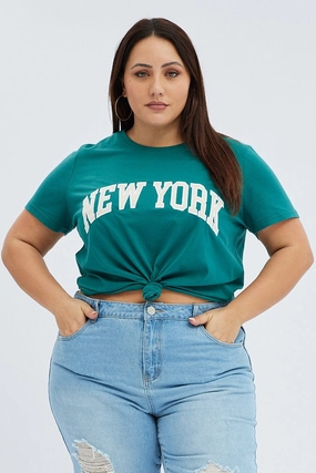 MicroPiqueKnit UV Protective Coating Green Graphic T-shirt Short Sleeve Crew Neck