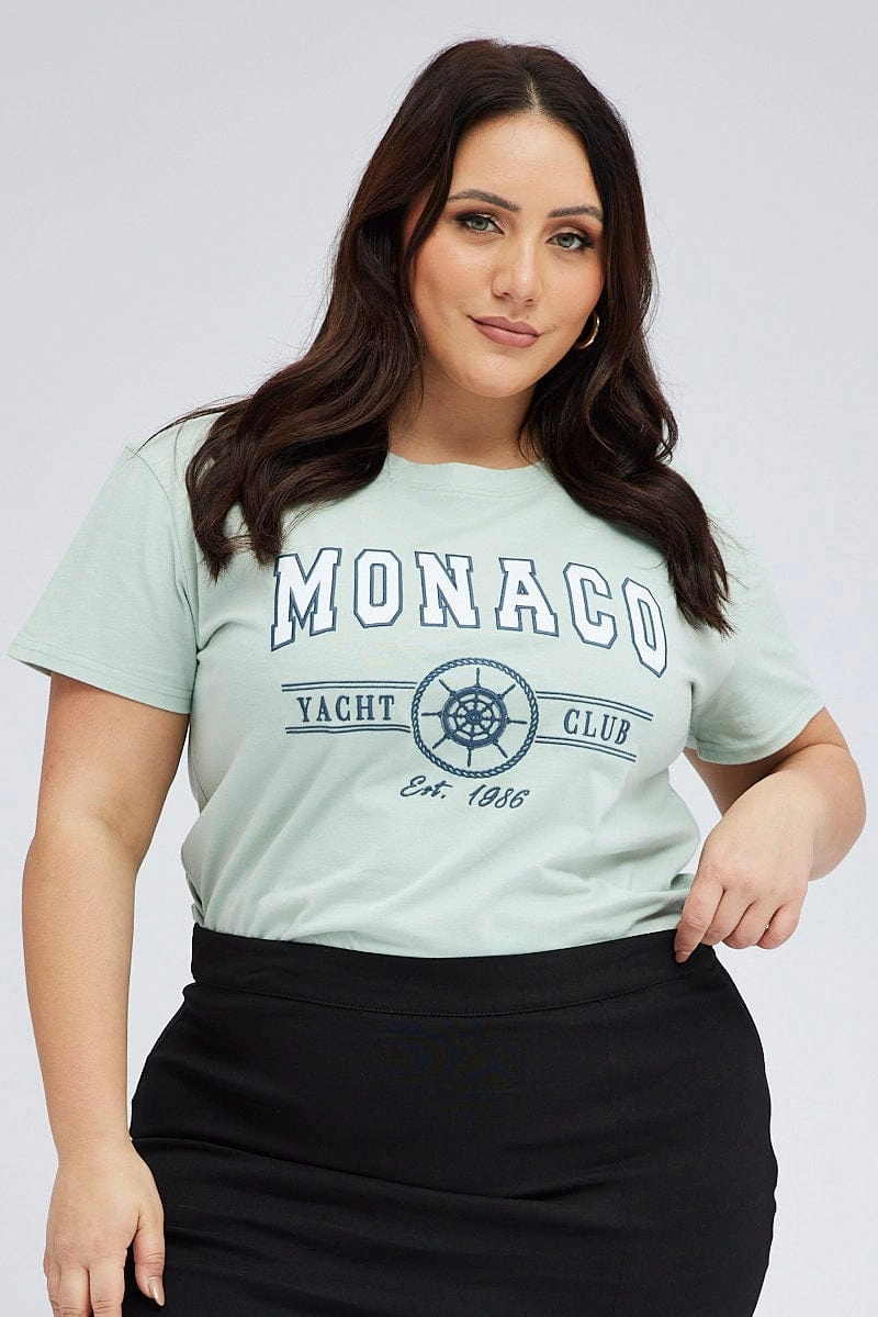 Green Graphic T-shirt Short Sleeve Crew Neck Layered Neckline