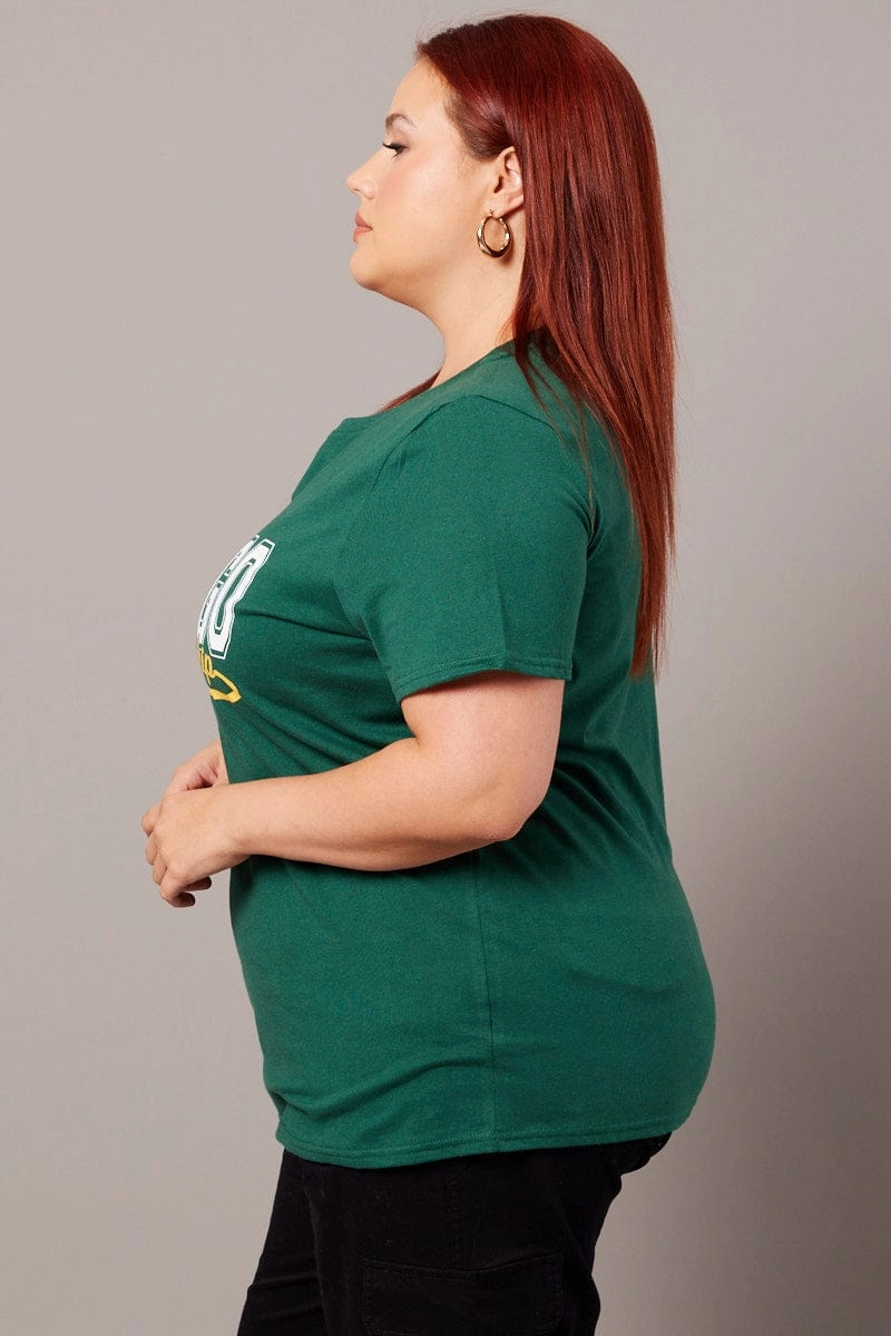 Ribbed Collar Trim Chic Outfit Green Graphic T-shirt Short Sleeve Crew Neck