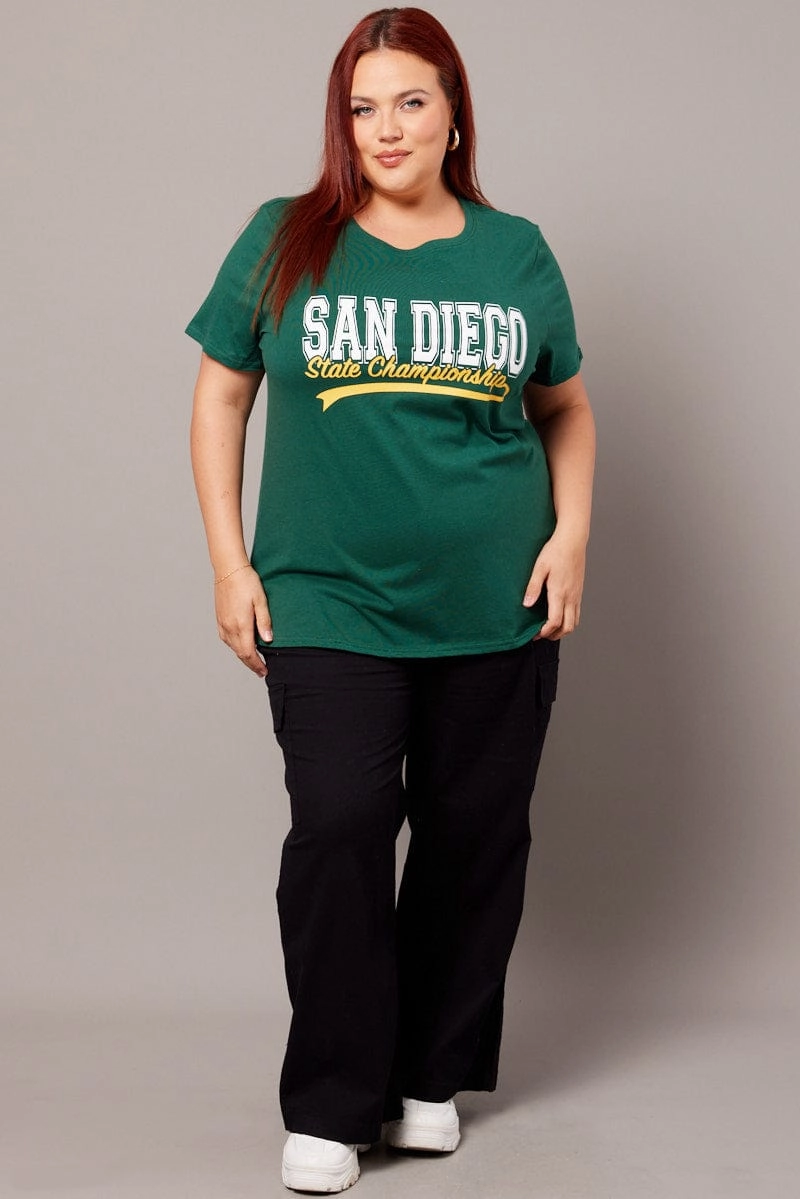 Green Graphic T-shirt Short Sleeve Crew Neck Roomy Fit FlexibleCollarOptions